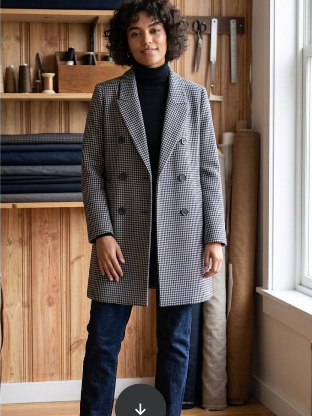 Zara Double-Breasted Houndstooth Pea Coat - Black & White
